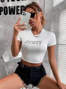 Letter Graphic Crop Tee Graphic Tees Women Tops - White - View 1