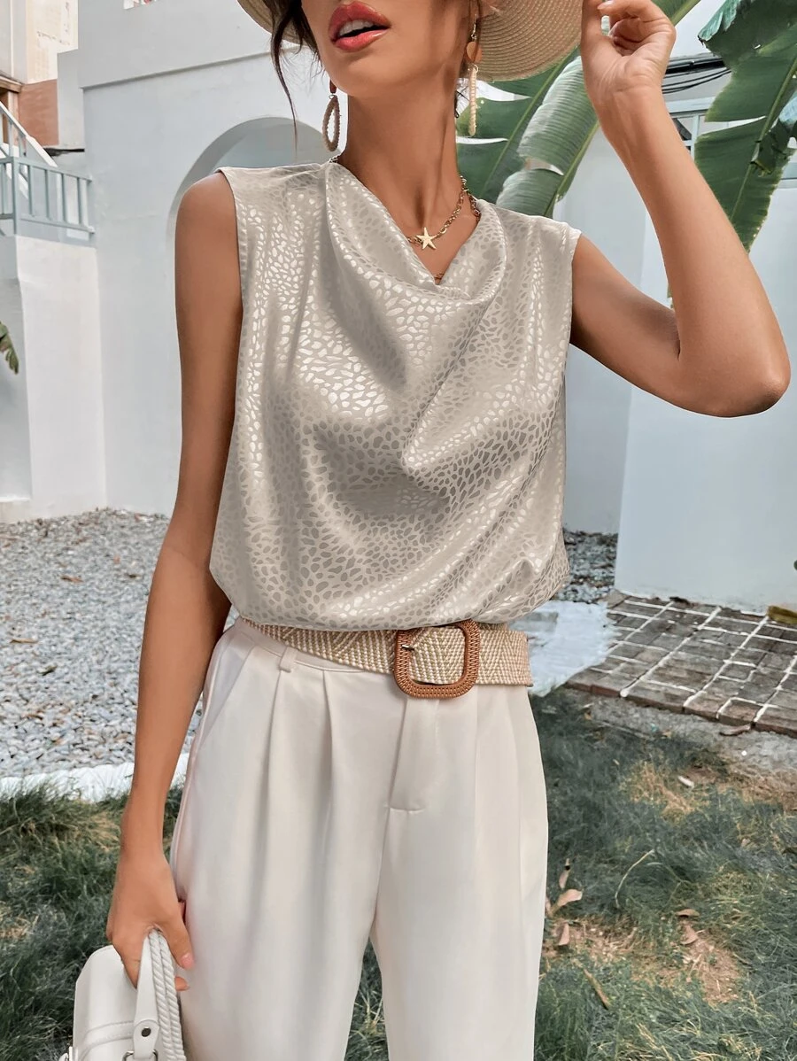 Jacquard Cowl Collar Blouse - Beige - View 1