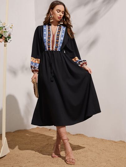 Seusyu Rochie cu mânecă lanternă cu imprimeu floral și geo