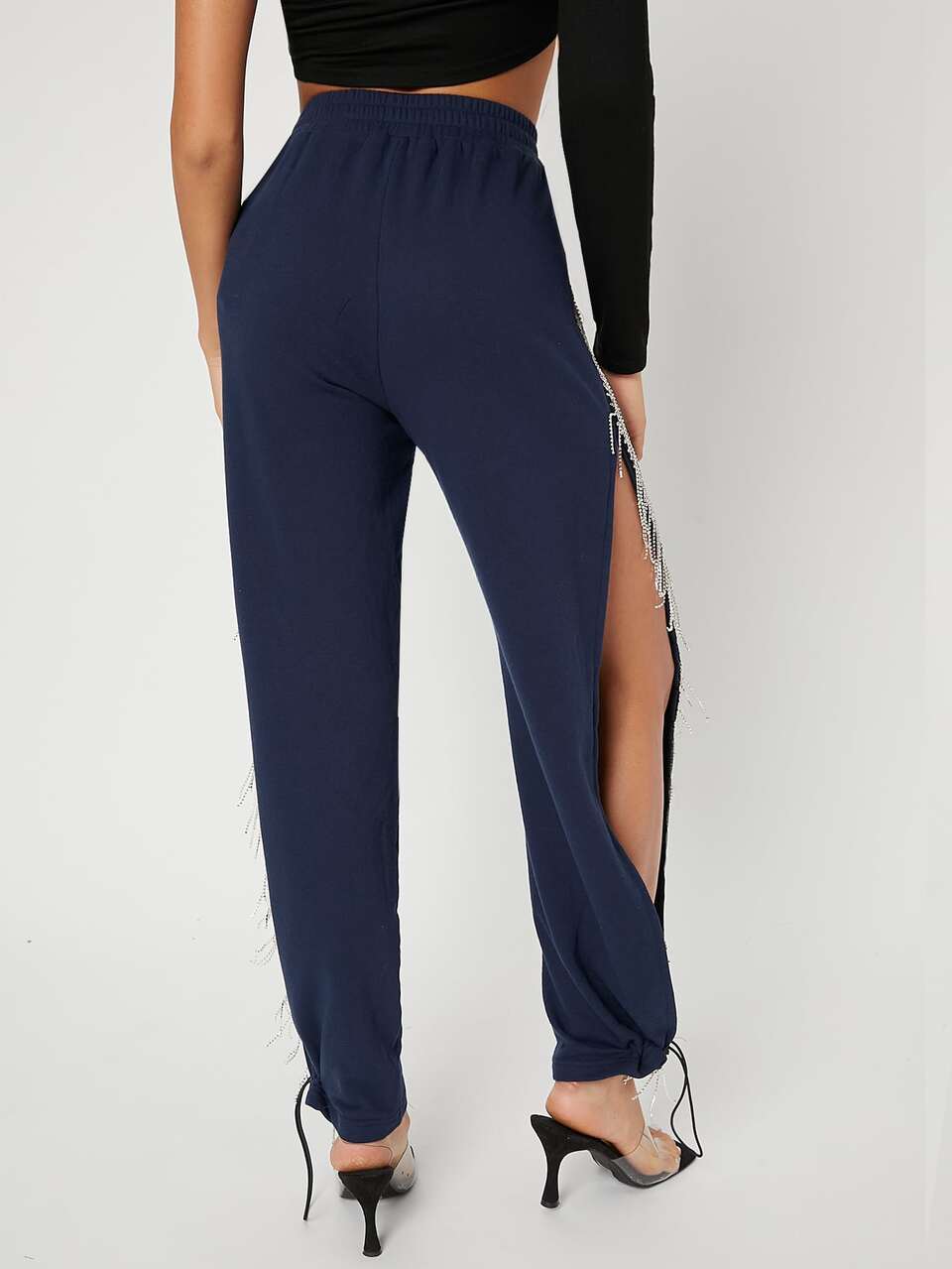 Rhinestone Beaded Split Side Drawstring Hem Sweatpants