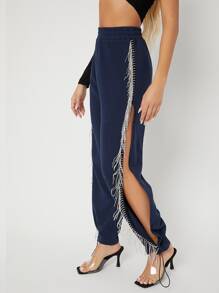 SHEIN BAE Rhinestone Beaded Split Side Drawstring Hem Joggers - Navy Blue - View 3