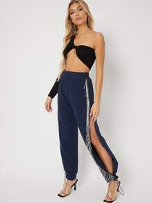 SHEIN BAE Rhinestone Beaded Split Side Drawstring Hem Joggers - Navy Blue - View 5