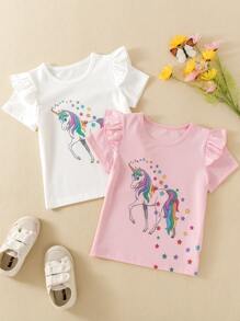 SHEIN Niñitas 2 piezas Camiseta con estampado de unicornio ribete con fruncido - Multicolor - Ver 1