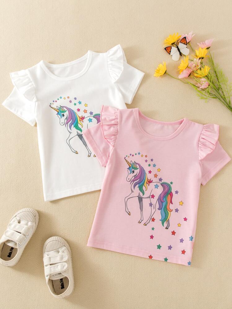 SHEIN Toddler Girls 2pcs Unicorn Print Ruffle Trim Tee - Multicolor - View 1
