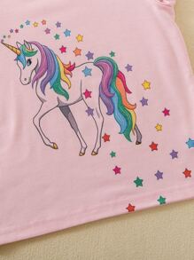 SHEIN Niñitas 2 piezas Camiseta con estampado de unicornio ribete con fruncido - Multicolor - Ver 3