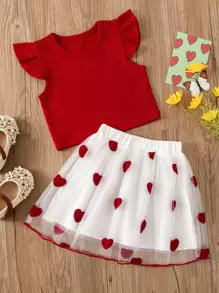 Toddler Girls Ruffle Trim Top & Heart Mesh Overlay Skirt - Red and White - View 1
