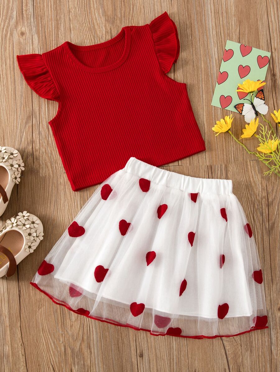 Toddler Girls Ruffle Trim Top & Heart Mesh Overlay Skirt - Red and White - View 1