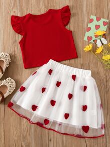 Toddler Girls Ruffle Trim Top & Heart Mesh Overlay Skirt - Red and White - View 2