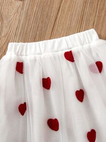 Toddler Girls Ruffle Trim Top & Heart Mesh Overlay Skirt - Red and White - View 3