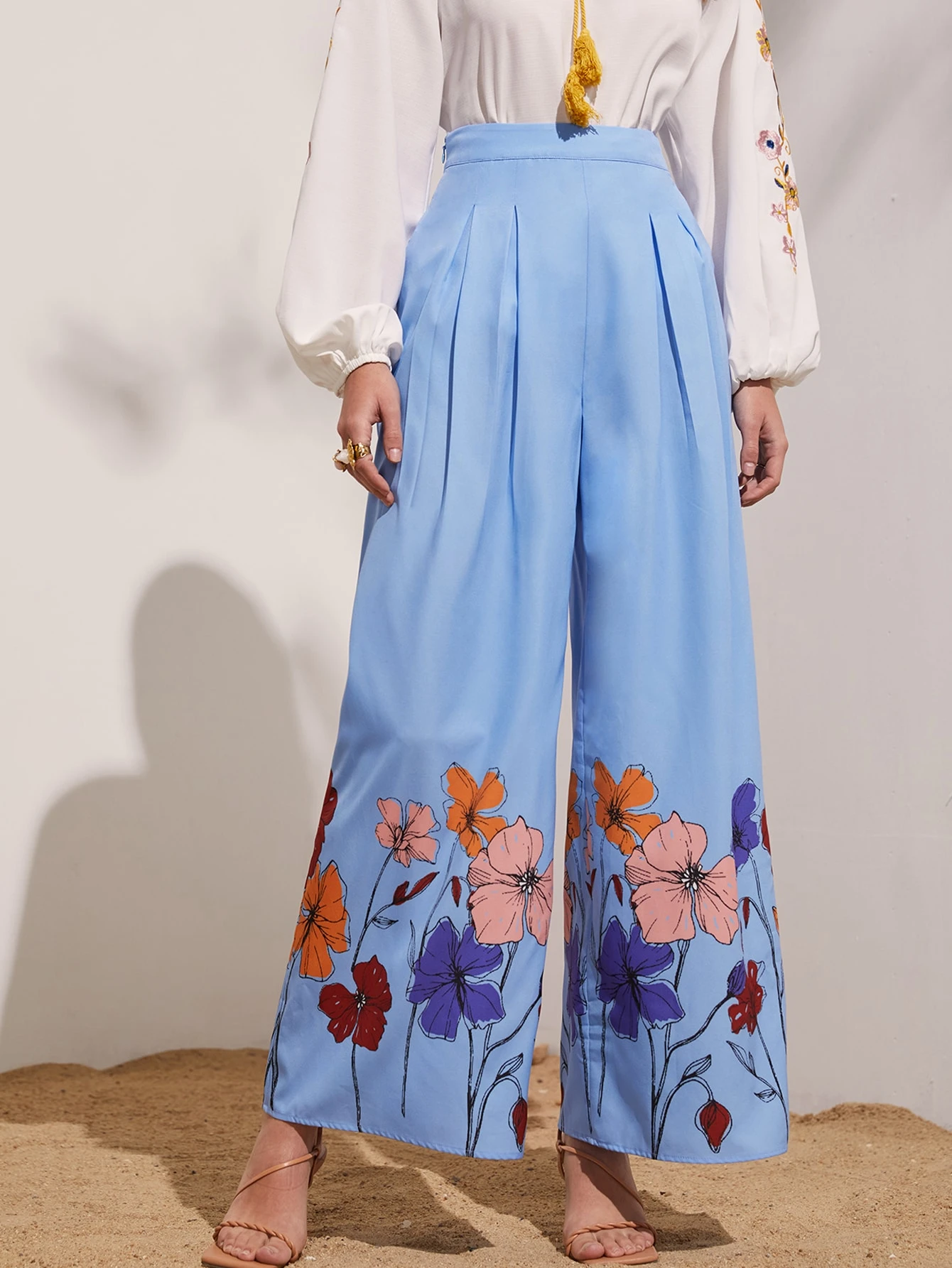 Pantalón de anchos de cintura elástica con estampado floral bohemio casual de yoga para mujer Celeste Pantalón de anchos de cintura elástica con estampado floral bohemio casual de yoga para mujer Celeste