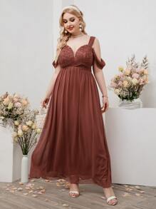 SHEIN Belle 大碼蕾絲拼接褶邊挖肩雪紡伴娘連衣裙