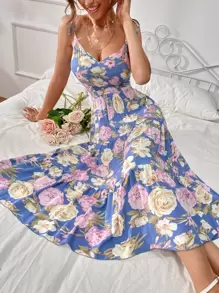 Floral Backless Flared Hem Dress - Multicolor - View 1