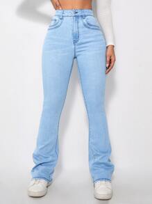 SHEIN EZwear 高腰漂白水洗牛仔喇叭褲 - 淺色水洗藍 - 查看 1