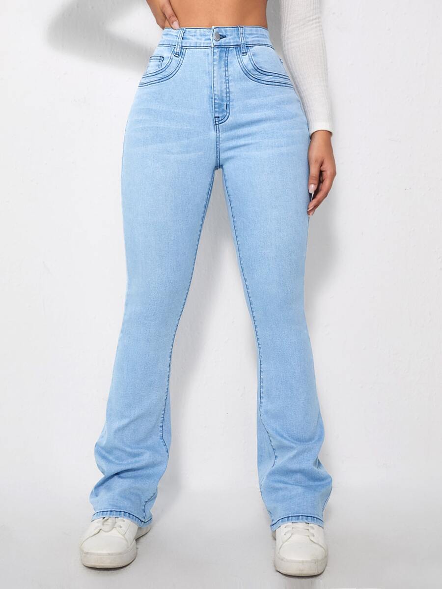 SHEIN EZwear 高腰漂白水洗牛仔喇叭褲 - 淺色水洗藍 - 查看 1