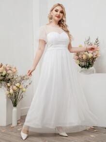 SHEIN Belle Plus Puff Sleeve Maxi Mesh Wedding Dress - White - View 1