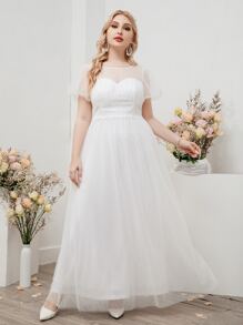 SHEIN Belle Plus Puff Sleeve Maxi Mesh Wedding Dress - White - View 3