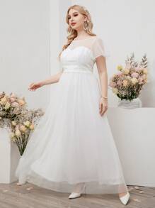 SHEIN Belle Plus Puff Sleeve Maxi Mesh Wedding Dress - White - View 4