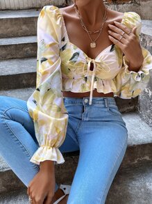 SHEIN Holidaya Blusa con cuello de corazón con volantes, blusa de corte en peplum - Multicolor - Ver 1