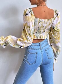 SHEIN Holidaya Blusa con cuello de corazón con volantes, blusa de corte en peplum - Multicolor - Ver 2