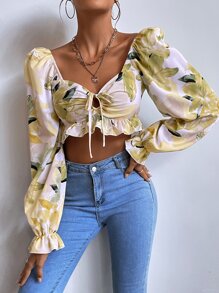 SHEIN Holidaya Blusa con cuello de corazón con volantes, blusa de corte en peplum - Multicolor - Ver 3