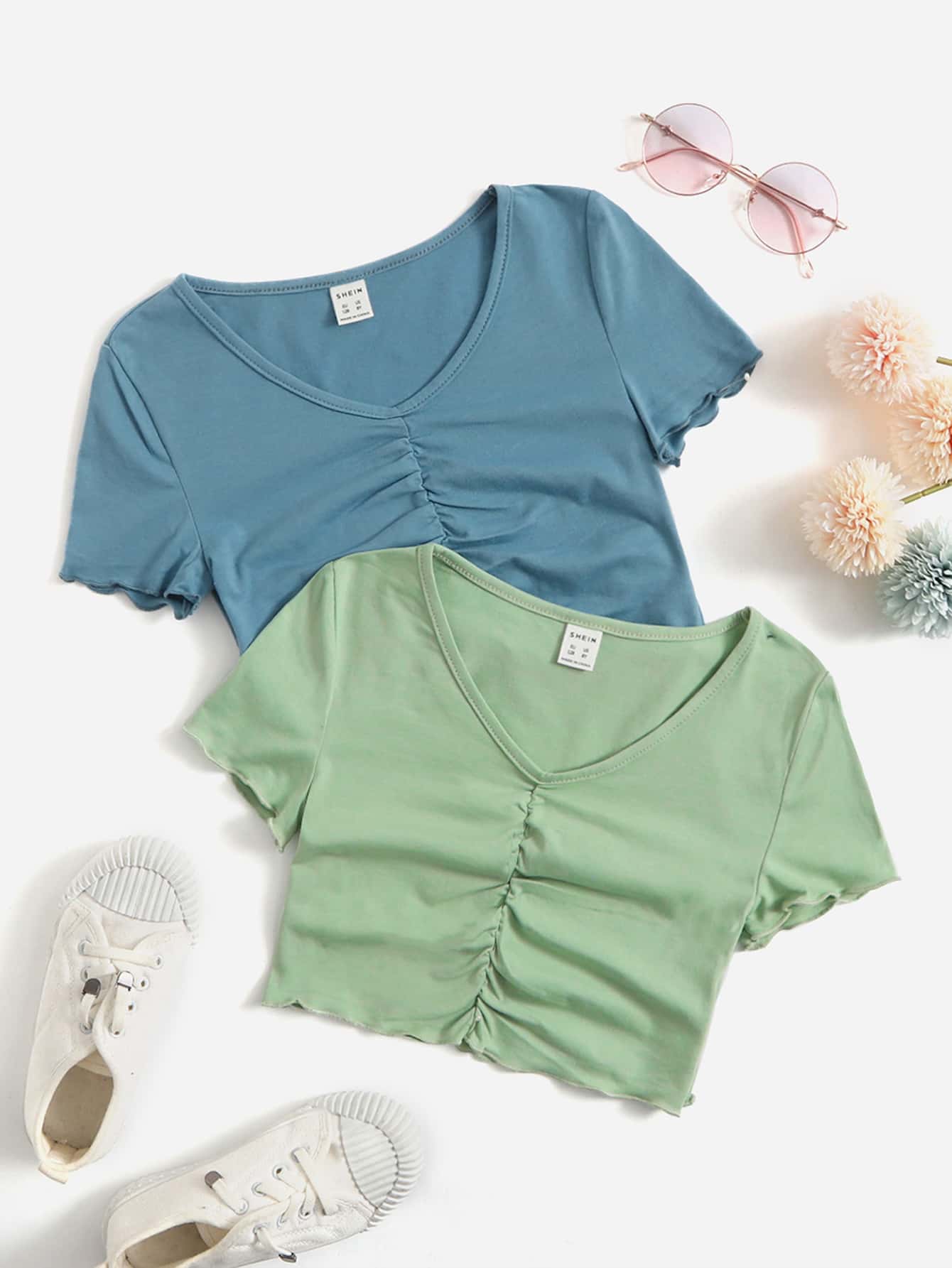 SHEIN Áo thun nhún bèo cổ chữ V viền rau diếp cho bé gái tuổi mới lớn 2 chiếc - Nhiều màu - Xem 1