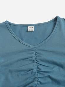 SHEIN Áo thun nhún bèo cổ chữ V viền rau diếp cho bé gái tuổi mới lớn 2 chiếc - Nhiều màu - Xem 4