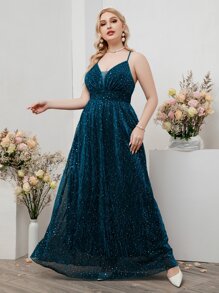 SHEIN Belle 大碼嵌入網紗交叉金屬亮絲吊帶裙伴娘禮服 - 水鴨藍 - 查看 1