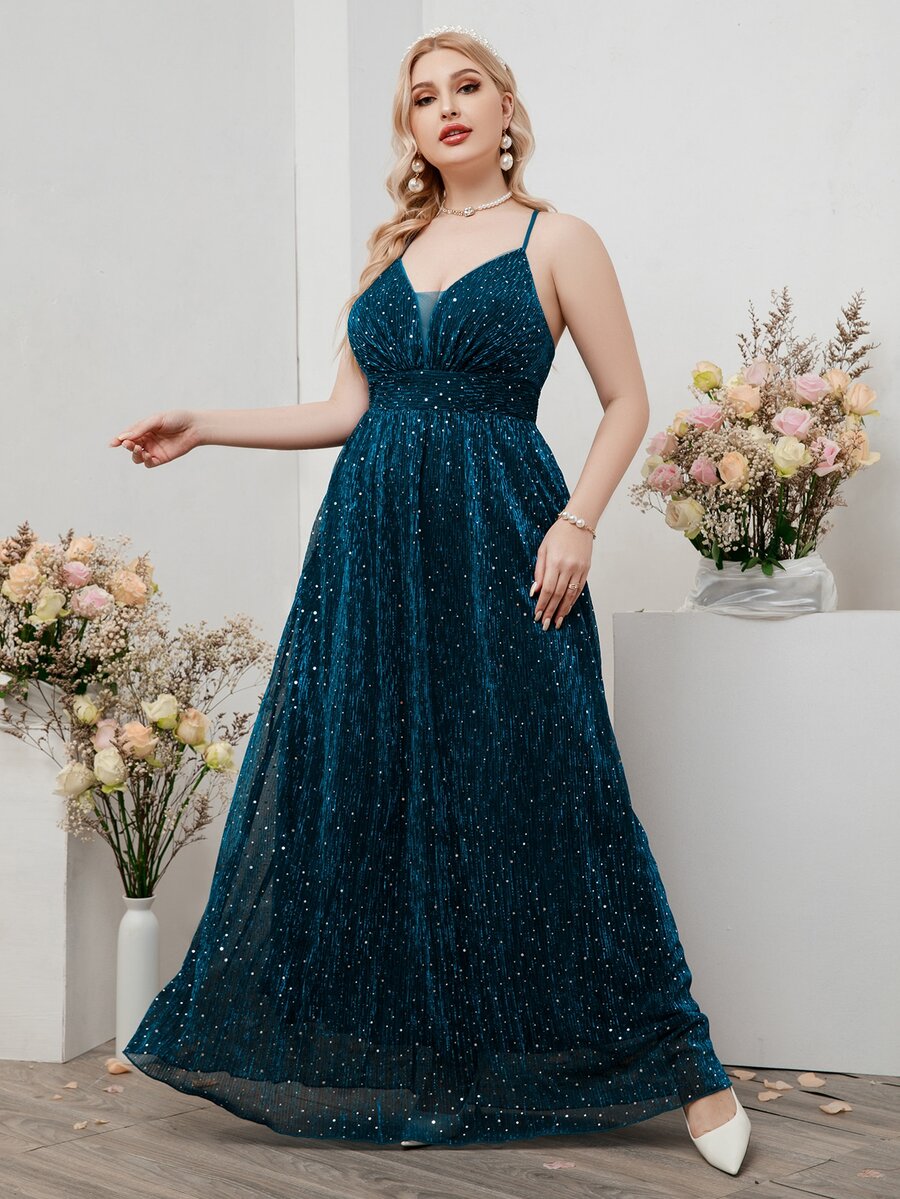 SHEIN Belle 大碼嵌入網紗交叉金屬亮絲吊帶裙伴娘禮服 - 水鴨藍 - 查看 1