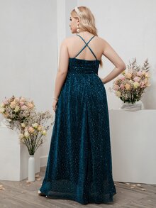 SHEIN Belle 大碼嵌入網紗交叉金屬亮絲吊帶裙伴娘禮服 - 水鴨藍 - 查看 2