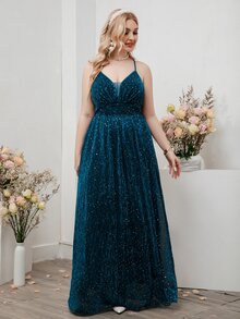 SHEIN Belle 大碼嵌入網紗交叉金屬亮絲吊帶裙伴娘禮服 - 水鴨藍 - 查看 3