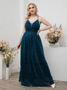 SHEIN Belle 大碼嵌入網紗交叉金屬亮絲吊帶裙伴娘禮服 - 水鴨藍 - 查看 4