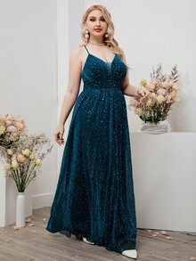 SHEIN Belle 大碼嵌入網紗交叉金屬亮絲吊帶裙伴娘禮服 - 水鴨藍 - 查看 5