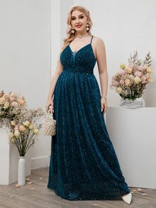 SHEIN Belle 大碼嵌入網紗交叉金屬亮絲吊帶裙伴娘禮服 - 水鴨藍 - 查看 6