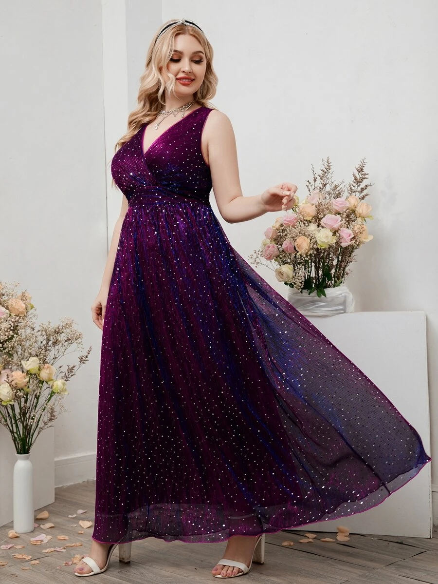 SHEIN Belle Plus Surplice Neck Ruched Glitter Dress - Purple - View 1