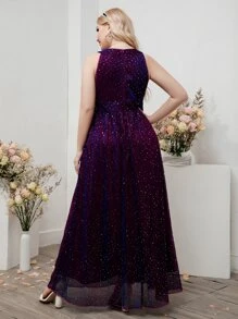 SHEIN Belle Plus Surplice Neck Ruched Glitter Dress - Purple - View 2