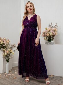 SHEIN Belle Plus Surplice Neck Ruched Glitter Dress - Purple - View 4