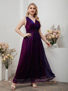 SHEIN Belle Plus Surplice Neck Ruched Glitter Dress - Purple - View 6