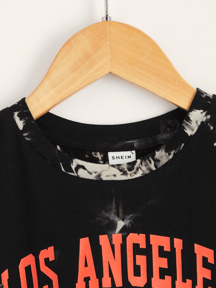 SHEIN Chàng trai trẻ Đúng mốt Nhuộm buộc Vòng cổ Áo thun Với In Thiết kế chữ cái - màu đen - Xem 3