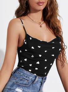 SHEIN Unity 愛心圖案堆堆領吊帶上衣 - 黑色 - 查看 4