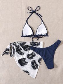 Swim Vcay 夏季海灘3入組綁頸三角比基尼，搭配棕櫚樹印花沙灘裙 - 藏蓝色 - 查看 2