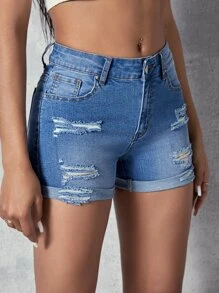 SHEIN EZwear Zipper Fly Ripped Raw Hem Denim Shorts - Medium Wash - View 3