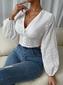 SHEIN Privé Button Front Lantern Sleeve Eyelet Embroidery Crop Top - White - View 1
