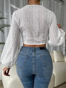 SHEIN Privé Button Front Lantern Sleeve Eyelet Embroidery Crop Top - White - View 2