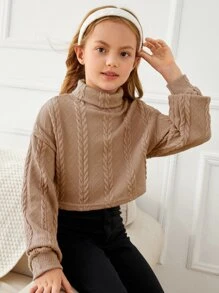 SHEIN Tween Girl Summer Leisure Solid Color Short Sleeve High Neck Twisted Knit Top - Camel - View 1