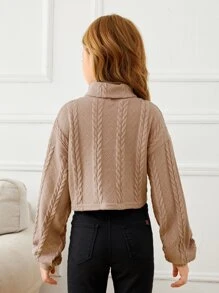 SHEIN Tween Girl Summer Leisure Solid Color Short Sleeve High Neck Twisted Knit Top - Camel - View 2