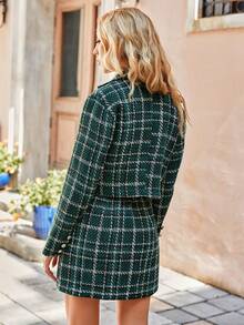 Simplee Falda con patrón de cuadros con botón tweed - Verde Oscuro - Ver 2