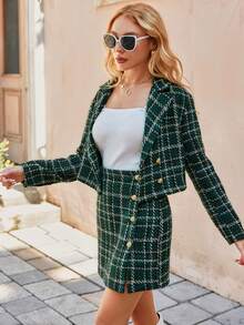 Simplee Falda con patrón de cuadros con botón tweed - Verde Oscuro - Ver 5