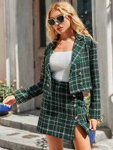 Simplee Falda con patrón de cuadros con botón tweed - Verde Oscuro - Ver 6