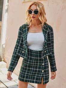 Simplee Falda con patrón de cuadros con botón tweed - Verde Oscuro - Ver 8