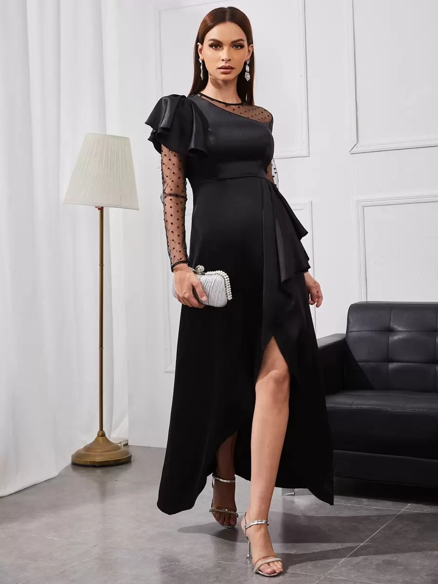 SHEIN Belle Dobby Mesh Panel Ruffle Detail Split Thigh Satin Dress, Black Long Sleeve Cocktail Semi Formal Prom Dress, For Birthday, Wedding Guest, Graduation, Dinner, Homecoming - Black - View 1